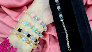 Radiant Gemstone Tennis Bracelet – Gold-Plated Crystal Jewelry with box