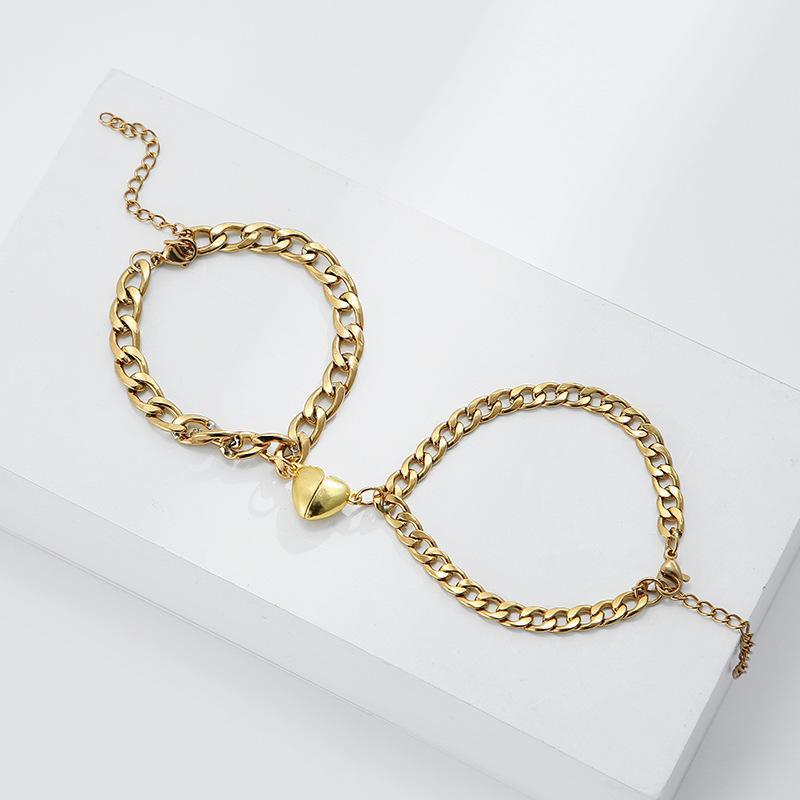 Silver and Gold-Plated Magnet Heart Couple's Bracelet