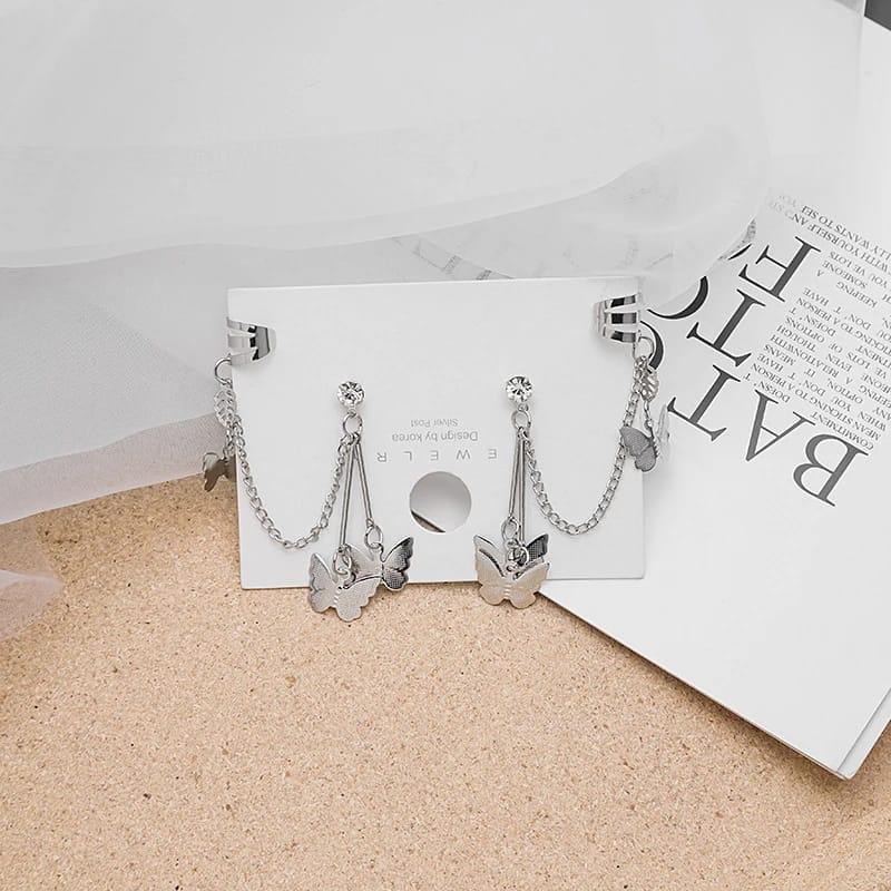 Silver-Plated Butterfly Chain Ear Clip Earrings