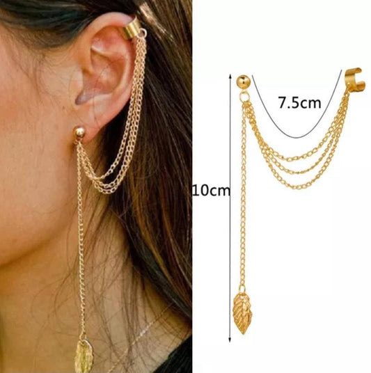 Gold and Silver-Plated Leaf Chain Ear Clip Earrings